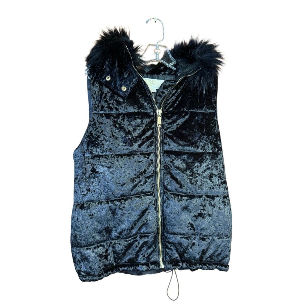 Michael Kors puffer vest crushed black velvet faux fur trim Sz S NWT